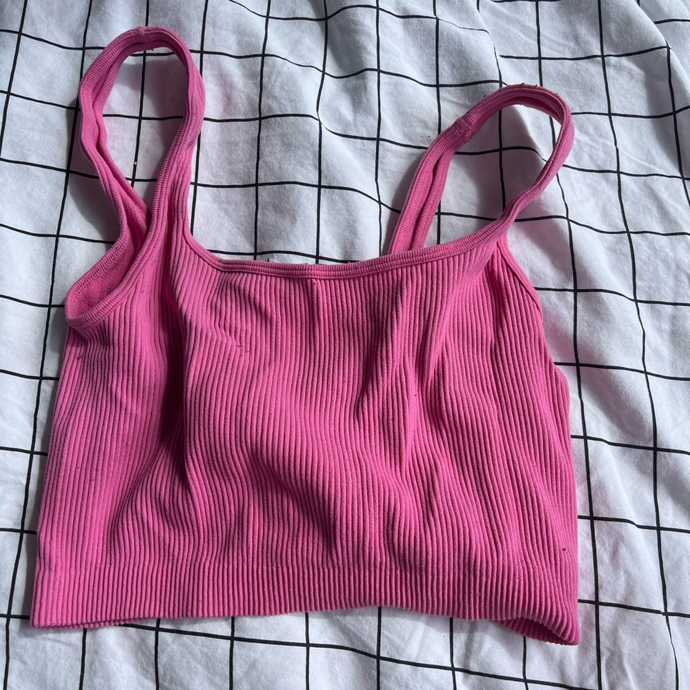 Pink cropped shirt, worn